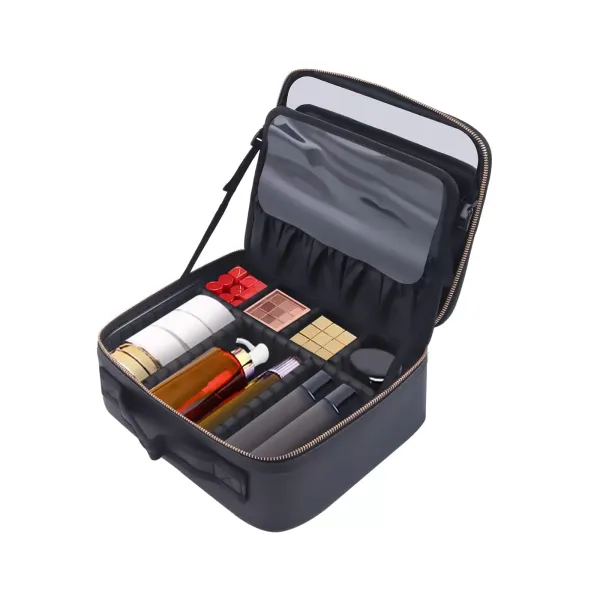 Přenosné pouzdro na make-up se zrcátkem 26 x 23 x 11 cm, černé, s přepážkou, toaletní taška, pro ukládání na cesty