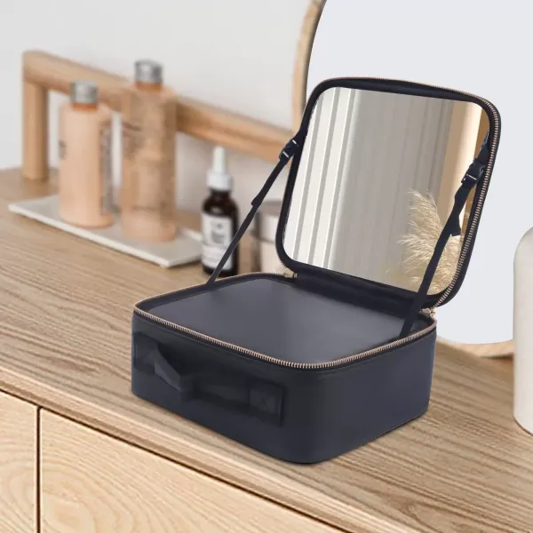 Přenosné pouzdro na make-up se zrcátkem 26 x 23 x 11 cm, černé, s přepážkou, toaletní taška, pro ukládání na cesty Přenosné pouzdro na make-up se zrcátkem 26 x 23 x 11 cm, černé, s přepážkou, toaletní taška, pro ukládání na cesty