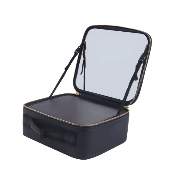 Přenosné pouzdro na make-up se zrcátkem 26 x 23 x 11 cm, černé, s přepážkou, toaletní taška, pro ukládání na cesty