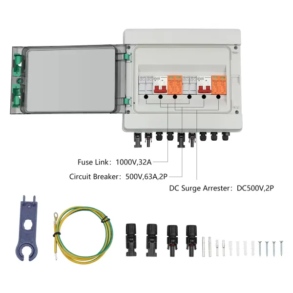 Solární propojovací krabice DC 500V 2 stringy 63A IP65 IK10 Vodotěsný kryt Ochrana proti osvětlení DC Jistič