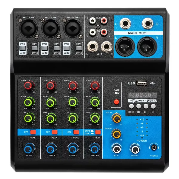 Mini DJ Audio Mixer Systém konzoly zvukové karty, 5kanálový 48V Phantom Power s Bluetooth USB MP3 Mini DJ Audio Mixer Systém konzoly zvukové karty, 5kanálový 48V Phantom Power s Bluetooth USB MP3