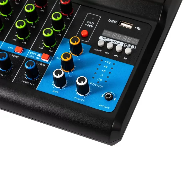 Mini DJ Audio Mixer Systém konzoly zvukové karty, 5kanálový 48V Phantom Power s Bluetooth USB MP3 Mini DJ Audio Mixer Systém konzoly zvukové karty, 5kanálový 48V Phantom Power s Bluetooth USB MP3